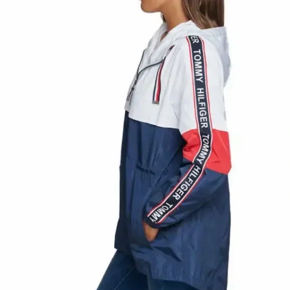 New Tommy Hilfiger Ladies' Long Windbreaker Logo Hooded Rain Jacket SIZE S - Picture 3 of 9